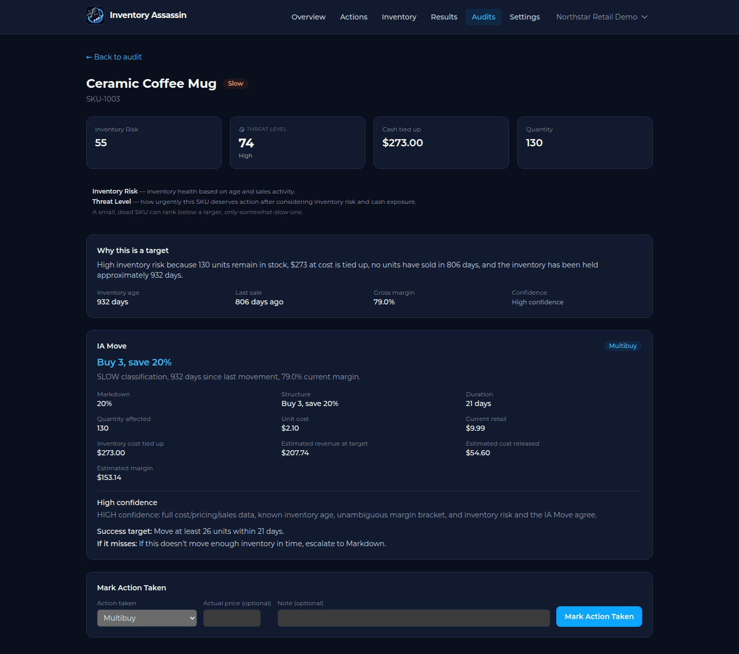 Inventory Assassin Priority Target detail page showing Threat Level, diagnosis, the IA Move, economics, and success target for a SKU